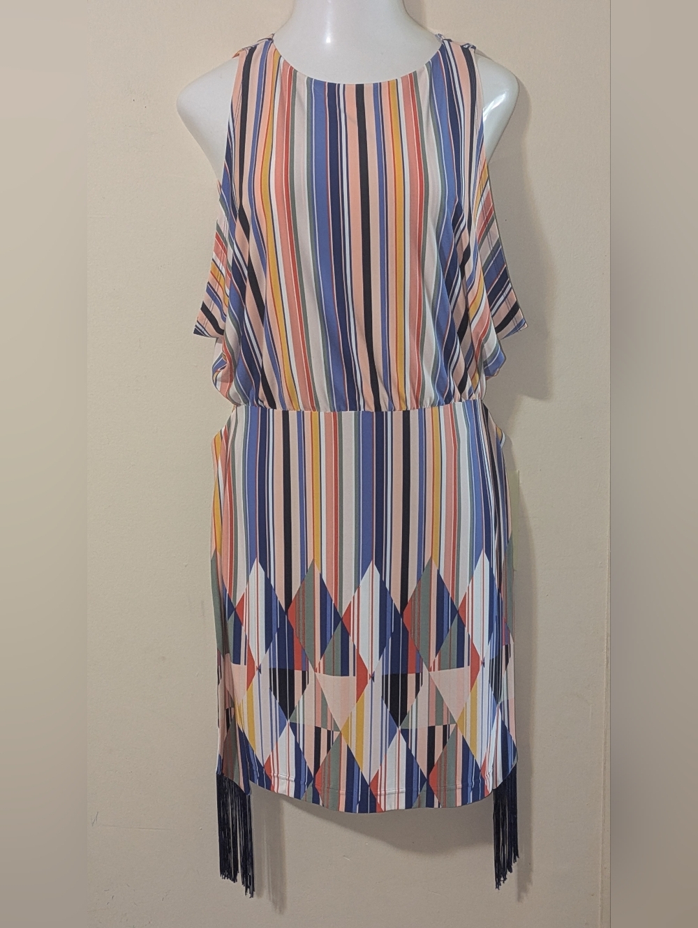 💥SALE💥Jessica Simpson Multicolor Striped Cold-Shoulder Fringe Dress